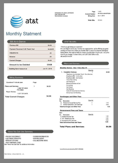 美国USA AT&T Utility Bills电信水电费账单/KYC地址证明psd模板