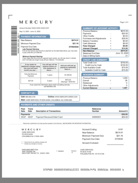 USA Mercury Cards Statement美国水星银行账单pdf模板(V1)