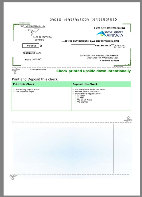 美国Virginia Credit Union Check Statement银行账单/KYC地址证明pdf模板