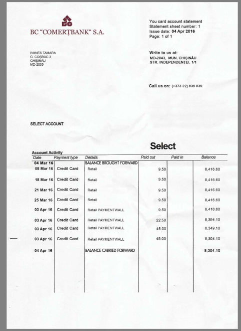 Comertbank MDA Statement银行账单/KYC地址证明psd模板