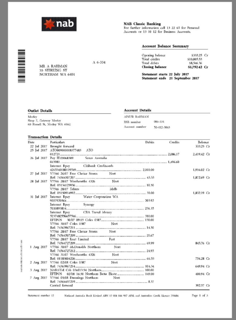 澳大利亚National Australia Bank Statement银行账单/KYC地址证明pdf模板