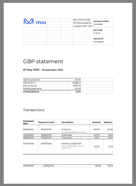 英国Monese Bank Statement银行账单/KYC地址证明word模板