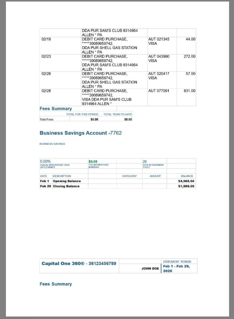 美国Capital One Bank Statement银行账单/KYC地址证明word模板