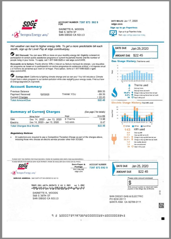 美国SDGE水电费账单word/pdf模板