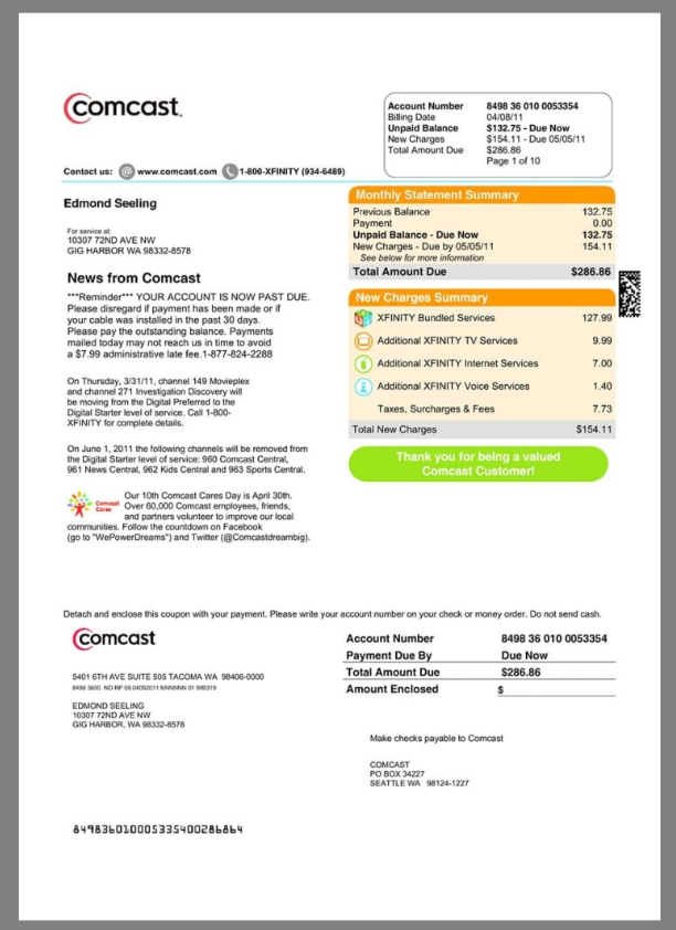 美国USA Comcast Payment Bills KYC地址证明psd模板