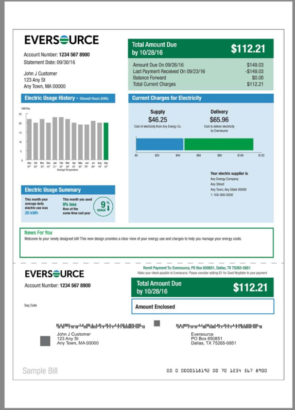 Eversource Gas美国水电费账单/KYC地址证明word/pdf模板