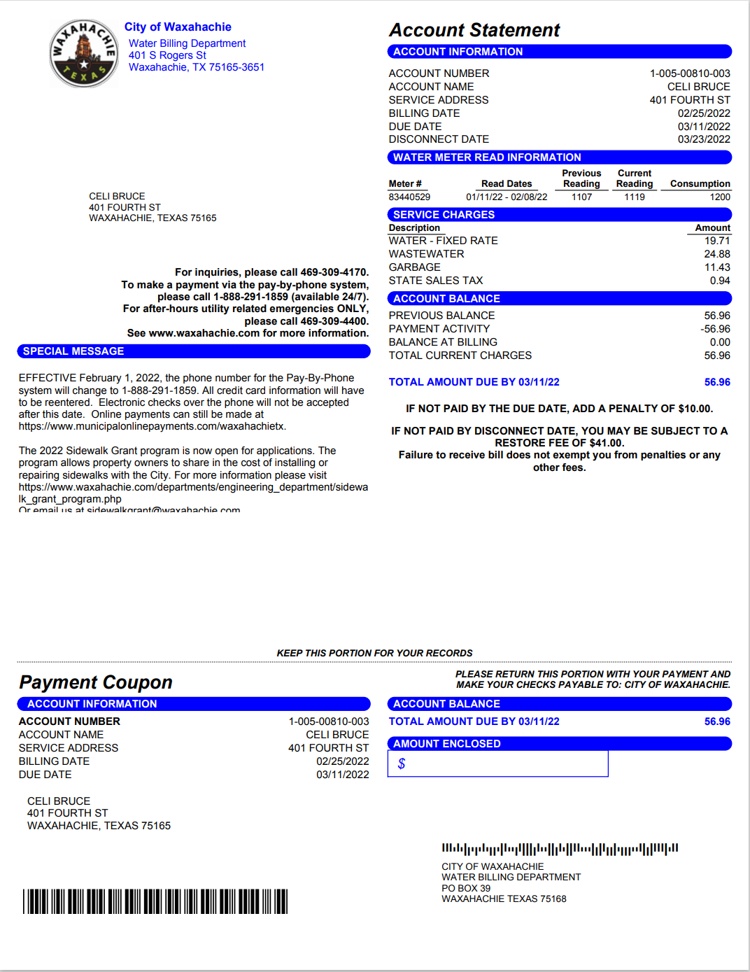 TX-德克萨斯州-Waxahachie-UtilityBill-2