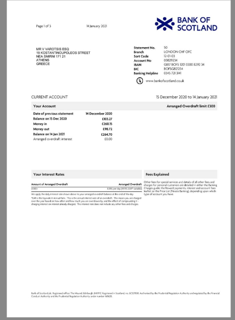 英国 Bank Of Scotland Statement银行账单/KYC地址证明word/pdf模板