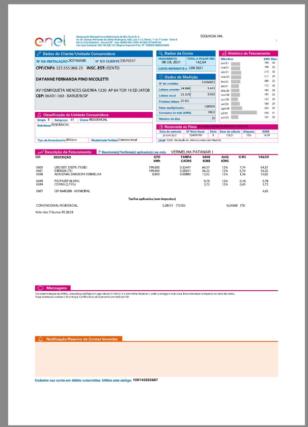 Enel Utility巴西水电费账单/KYC地址证明pdf模板