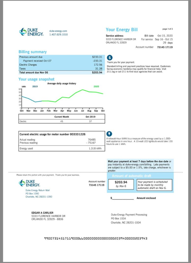 Duke Energy美国水电费账单/KYC地址证明pdf模板