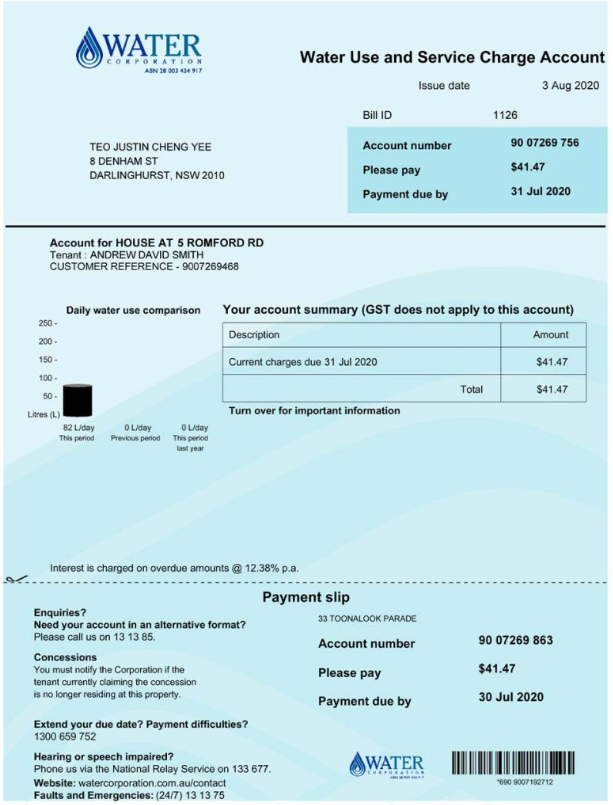 Water Corporation澳大利亚水电费账单word/pdf模板