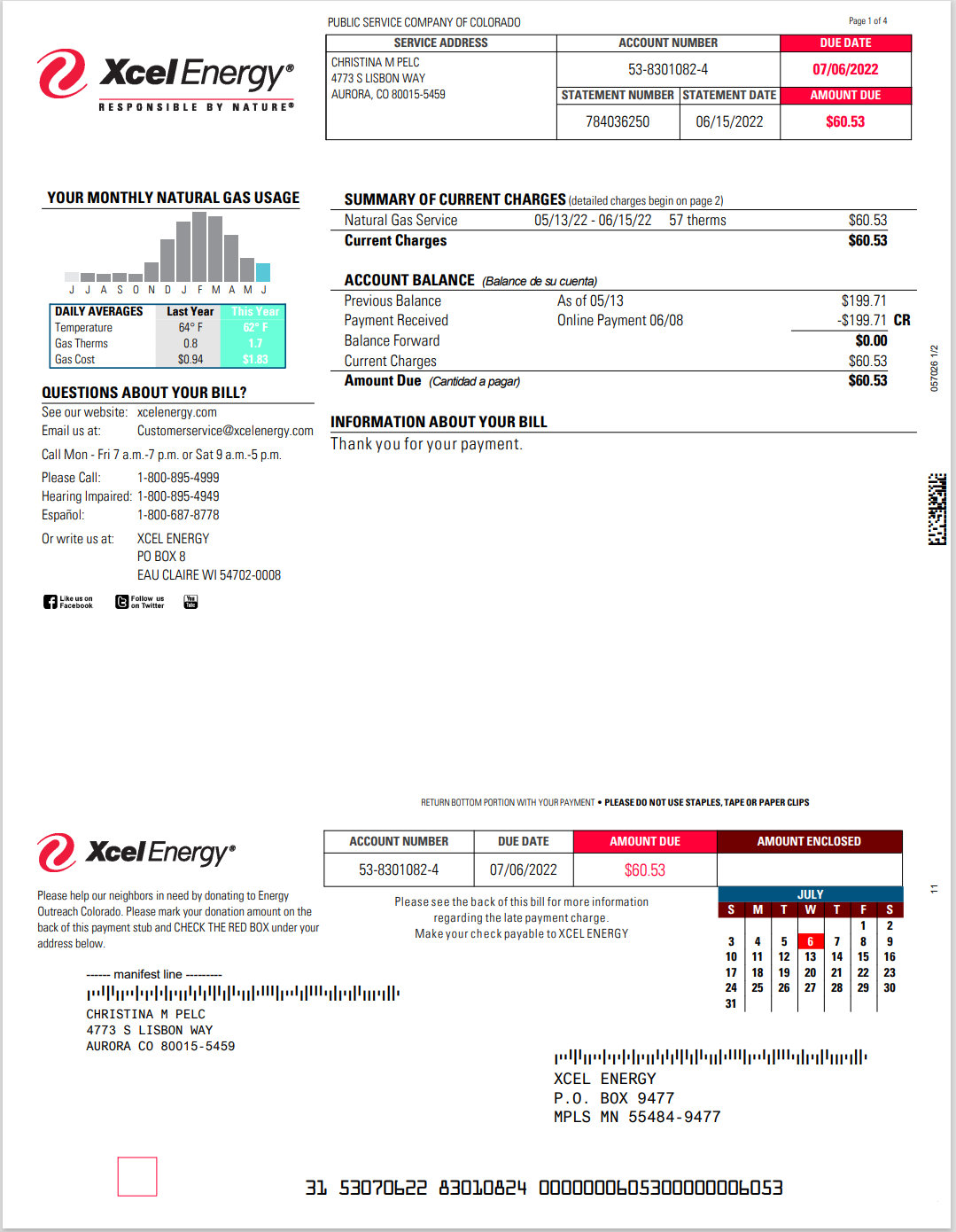 CO-科罗拉多州-电力账单Xcel Energy Bill-CO