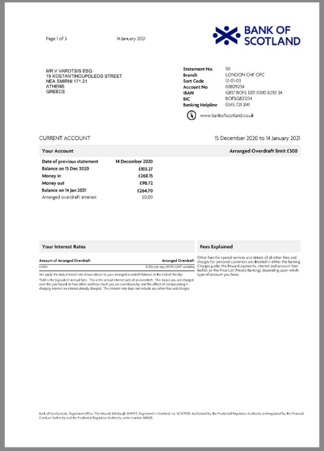 英国 Bank Of Scotland Statement银行账单/KYC地址证明word/pdf模板