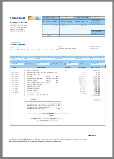 孟加拉Bangladesh BRAC Bank Statement银行账单/KYC地址证明pdf/word模板