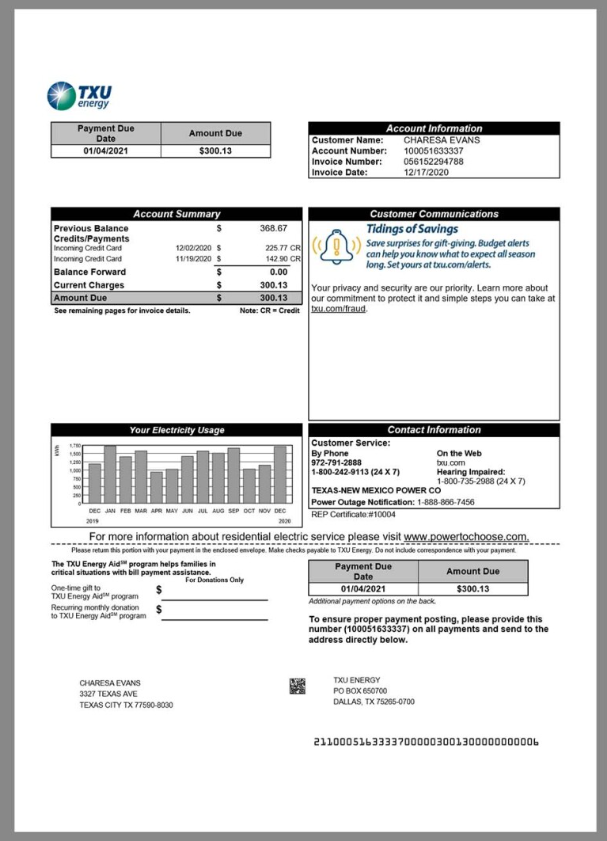 美国德克萨斯州水电费账单word/pdf模板