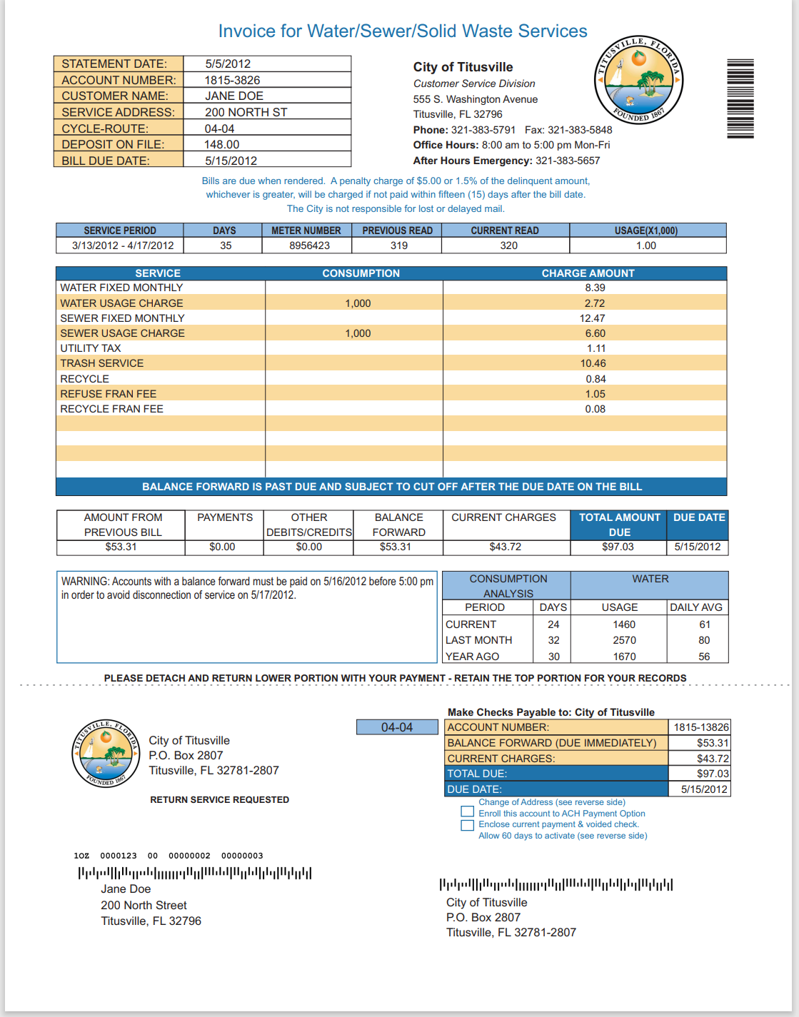 FL-佛罗里达州-Titusville Water-Utility-Bill-模板