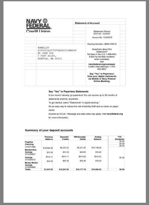 美国Navy Federal Bank Statement银行账单/KYC地址证明word模板 V1