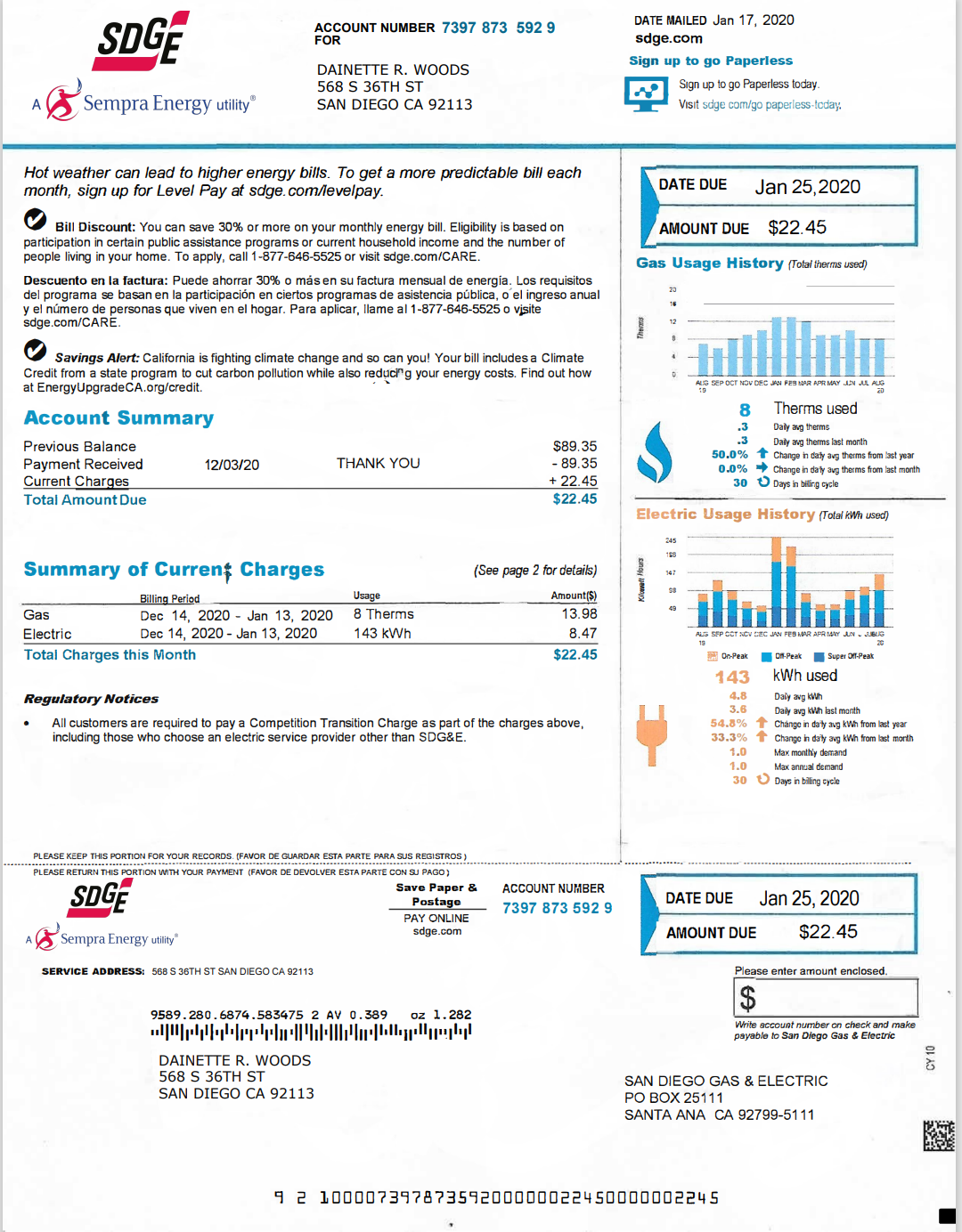 CA-加利福尼亚州-圣地亚哥电力与天然气公司-UtilityBill