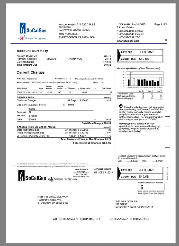 美国USA California SoCalGas Utility Bills水电费账单/KYC地址证明pdf模板