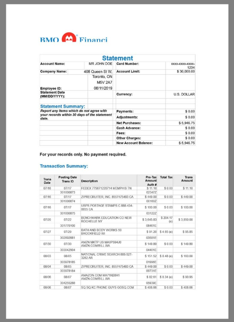 BMO银行账单/KYC地址证明word模板