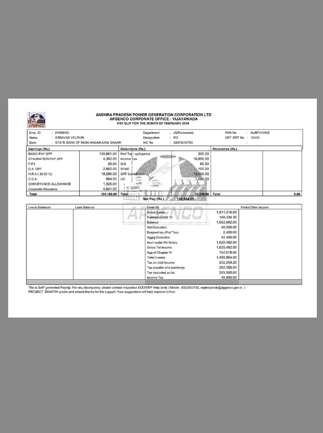 APGENCO印度电力公司收入证明/工资账单PDF模板