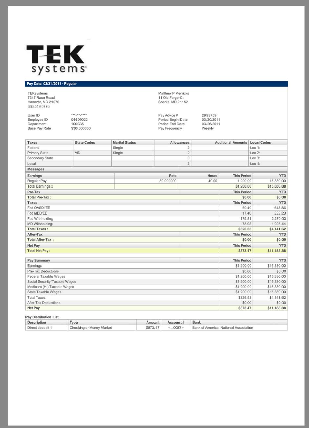 TekSystems外包公司收入证明/工资账单PDF模板