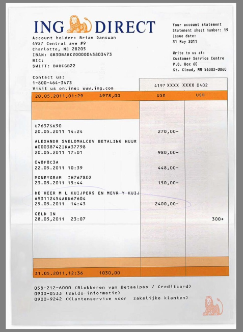 欧洲|ING Direct Bank Statement银行账单/KYC地址证明PSD模板