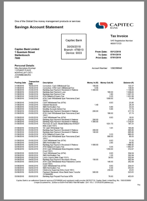 南非South Africa Capitec Bank Statement银行账单/KYC地址证明word模板