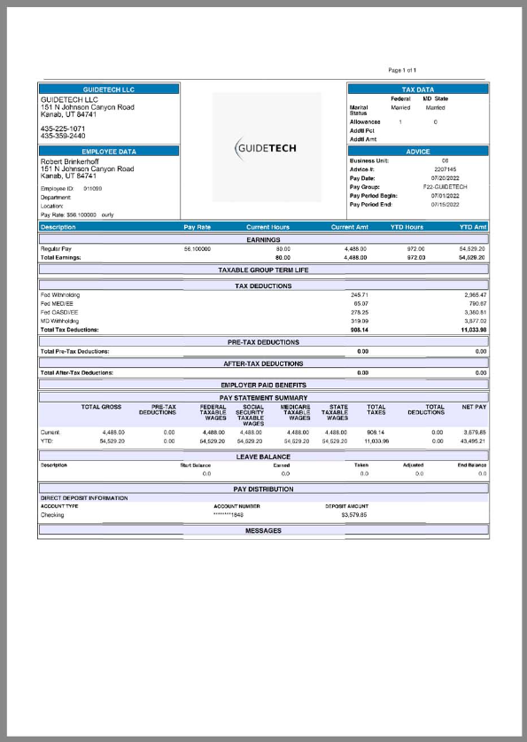 GuideTech电子科技公司收入证明/工资账单PDF模板