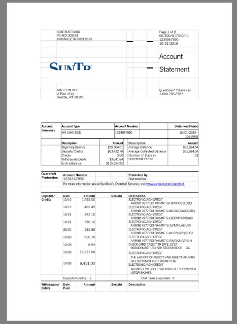 美国SunTrust Bank Statement银行账单/KYC地址证明word模板