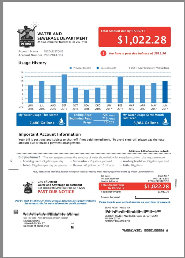 美国密歇根州底特律水电费账单pdf模板