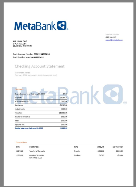 美国Metabank Statement银行账单/KYC地址证明word模板