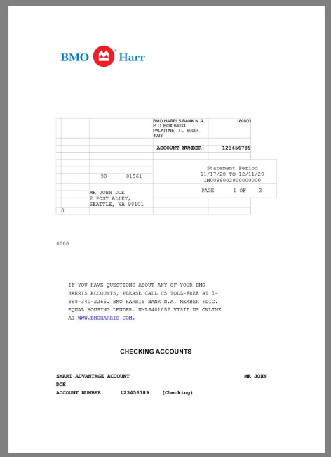 美国BMO Harris Bank Statement银行账单/KYC地址证明word模板