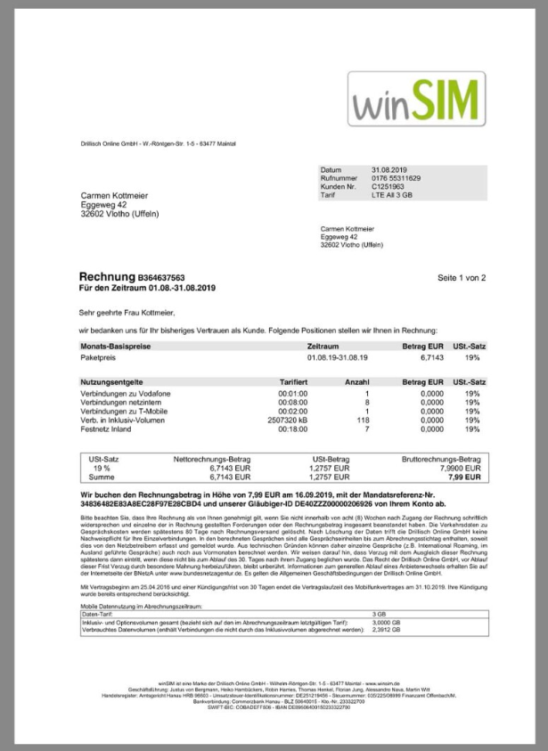 德国WinSIM话费账单/KYC地址证明pdf模板