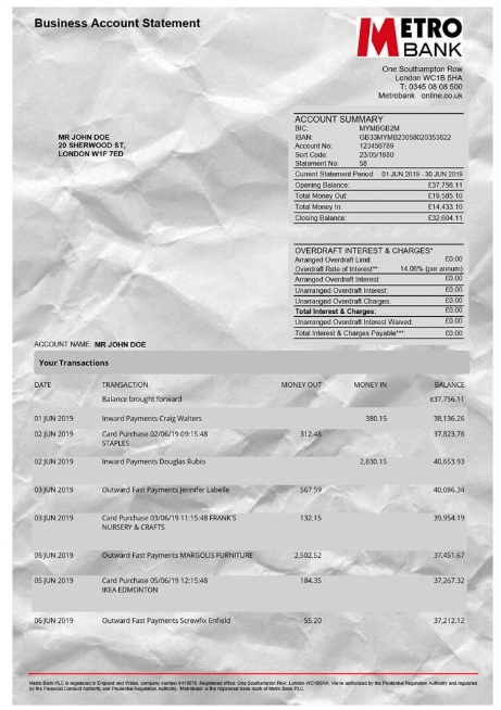 英国Metro Bank Statement银行账单/KYC地址证明word模板