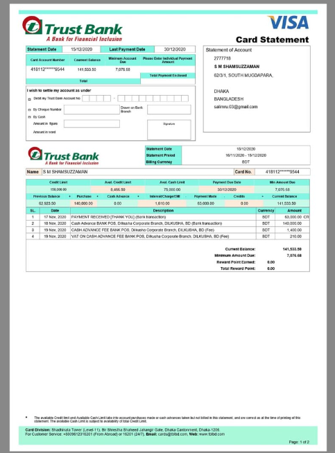 孟加拉 Bangladesh Trust Bank Statement银行账单/KYC地址证明word/pdf模板