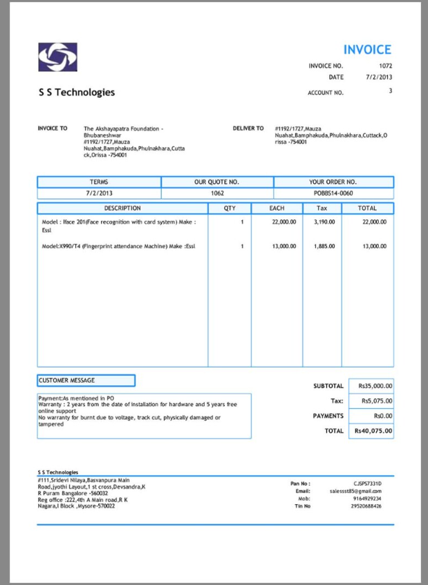 SS Technologies印度软件购物账单word/pdf模板