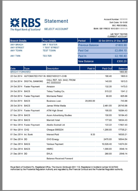 英国RBS Bank Statement银行账单/KYC地址证明word模板