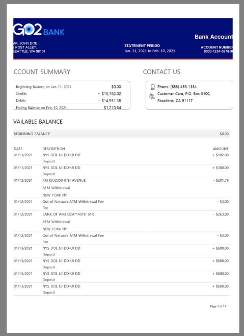 美国Go2Bank Bank Statement银行账单/KYC地址证明word模板