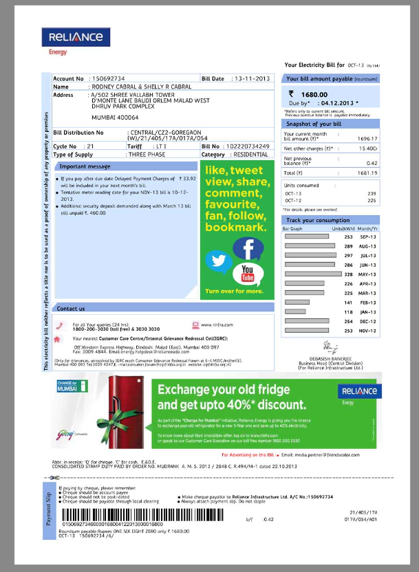 Reliance Energy印度水电费账单/地址证明pdf模板