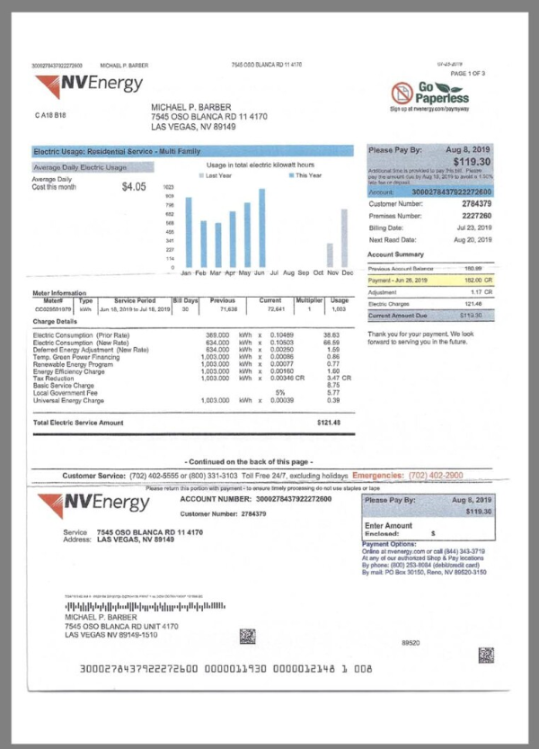 美国USA Nevada NVEnergy Utility Bills水电费账单/KYC地址证明pdf模板