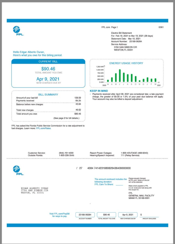 FPL Energy美国水电费账单/KYC地址证明word/pdf模板