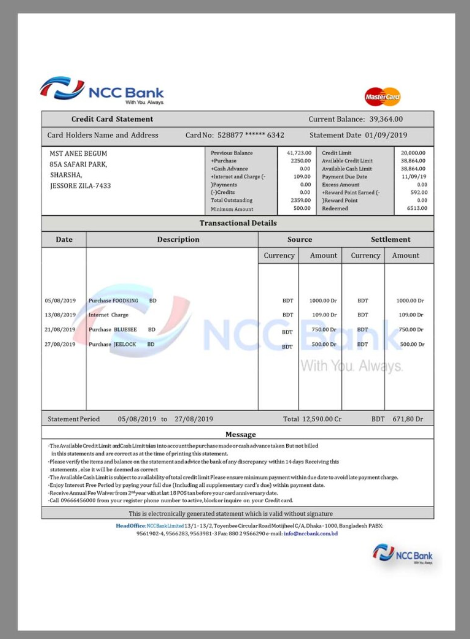 孟加拉Bangladesh NCC BANK Statement银行账单/KYC地址证明word模板